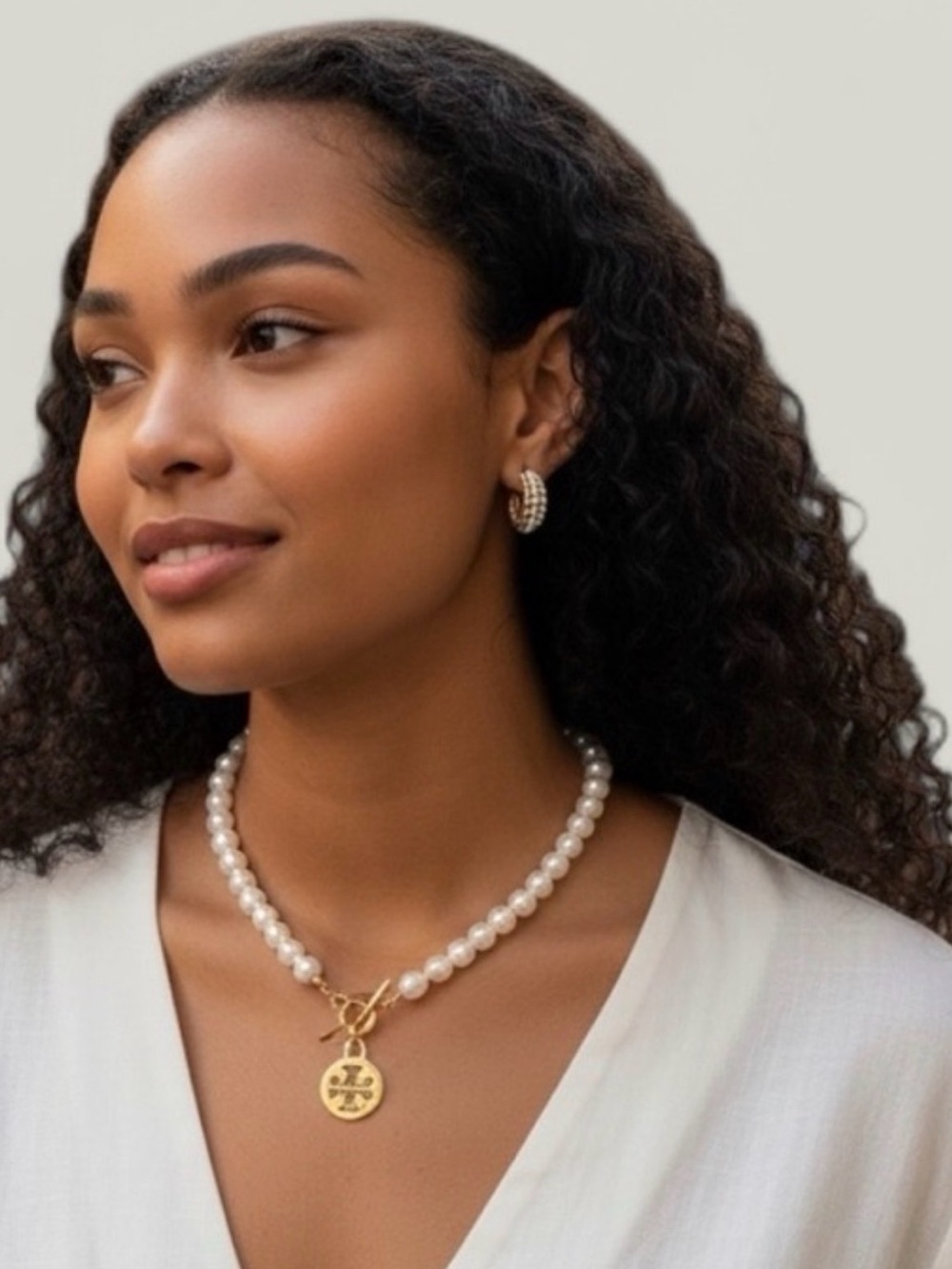 Pearl Necklace with Gold Logo Toggle Pendant and Matching Pearl Hoop Earrings